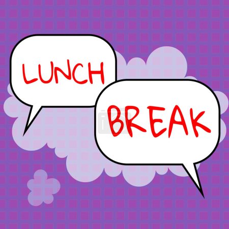 Téléchargez les photos : Texte manuscrit Pause déjeuner, Concept temps où une personne cesse de travailler ou d'étudier pour déjeuner - en image libre de droit