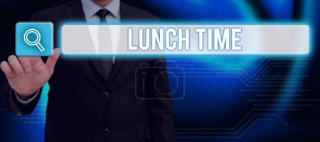 Textschild zur Mittagszeit, konzeptionelles Foto Mahlzeit mitten am Tag nach dem Frühstück und vor dem Abendessen