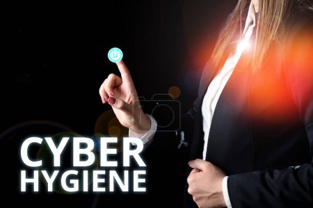 Téléchargez les photos : Texte inspirant Cyber Hygiene, Aperçu des mesures que les utilisateurs d'ordinateurs prennent pour améliorer leur cybersécurité - en image libre de droit