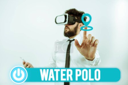 Foto de Subtítulos Conceptual Water Polo, Business overview competitive team sport played in the water between two teams - Imagen libre de derechos