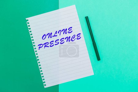 Escribir mostrando texto Presencia en línea, Concepto que significa la existencia de alguien que se puede encontrar a través de una búsqueda en línea