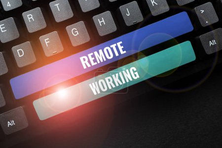 Photo for Text sign showing Remote Working, Conceptual photo situation in which an employee works mainly from home - Royalty Free Image