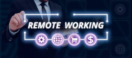 Photo for Conceptual display Remote Working, Word for situation in which an employee works mainly from home - Royalty Free Image