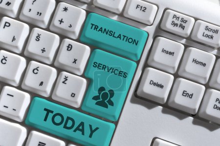 Bildunterschrift: Übersetzungsdienste, Word Geschrieben über Organisationen, die Menschen zum Übersetzen von Sprache zur Verfügung stellen