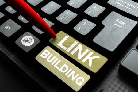 Señal mostrando Link Building, Internet Concept SEO Término Intercambio Enlaces Adquirir Hipervínculos Indizados