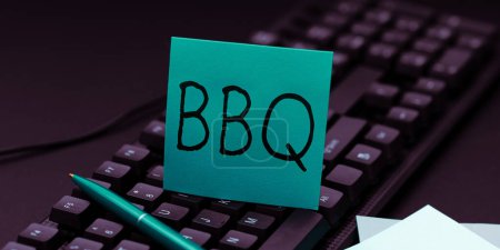 Photo for Text caption presenting Bbq, Concept meaning usually done outdoors by smoking meat over wood or charcoal - Royalty Free Image