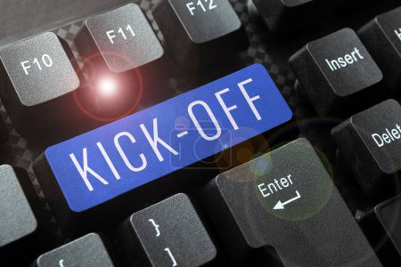 Foto de Text sign showing Kick Off, Internet Concept start or resumption of football match in which player kicks ball - Imagen libre de derechos