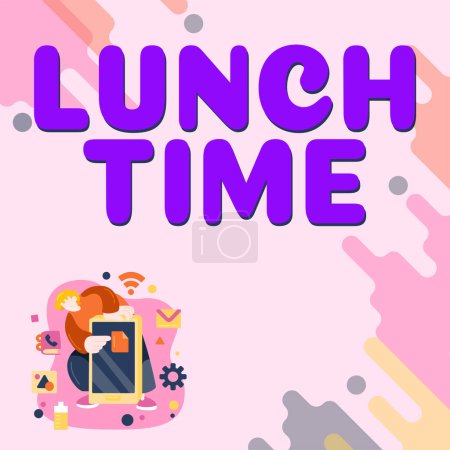 Konzeptionelle Anzeige Mittagszeit, Wort auf dem Essen in der Mitte des Tages nach dem Frühstück und vor dem Abendessen
