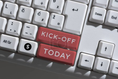 Foto de Text caption presenting Kick Off, Business concept start or resumption of football match in which player kicks ball - Imagen libre de derechos