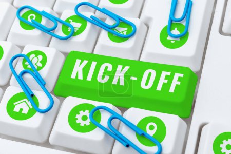 Téléchargez les photos : Writing displaying text Kick Off, Internet Concept start or resumption of football match in which player kicks ball - en image libre de droit