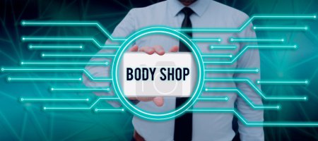 Photo for Conceptual caption Body Shop, Business showcase a shop where automotive bodies are made or repaired - Royalty Free Image