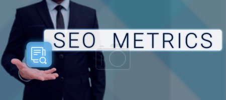 Bildunterschrift: Präsentation von Seo Metrics, Geschäftskonzept zur Messung der Leistung von Webseiten für organische Suchergebnisse