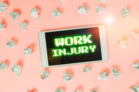 Foto de Sign displaying Work Injury, Word Written on Accident in job Danger Unsecure conditions Hurt Trauma - Imagen libre de derechos