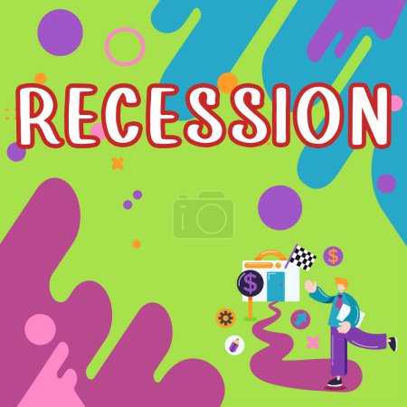 Foto de Señal mostrando Recesión, Palabra Escrito en el proceso de disminución progresiva en el crecimiento, período de reducción - Imagen libre de derechos