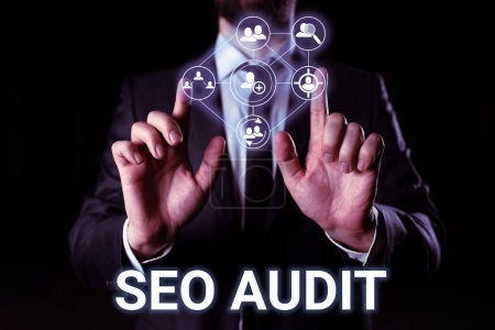 Photo for Text sign showing Seo Audit, Internet Concept Search Engine Optimization validating and verifying process - Royalty Free Image