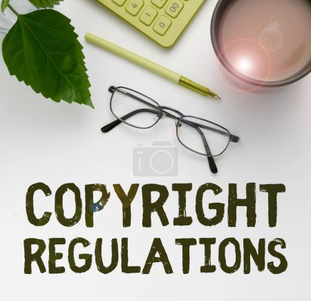 Foto de Conceptual display Copyright Regulations, Concept meaning body of law that governs the original works of authorship - Imagen libre de derechos