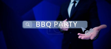 Photo for Text sign showing Bbq Party, Word for usually done outdoors by smoking meat over wood or charcoal - Royalty Free Image