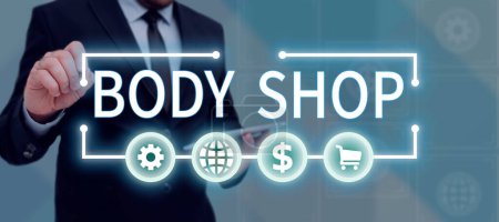 Photo for Sign displaying Body Shop, Business overview a shop where automotive bodies are made or repaired - Royalty Free Image