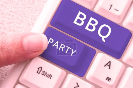 Photo for Handwriting text Bbq Party, Word for usually done outdoors by smoking meat over wood or charcoal - Royalty Free Image