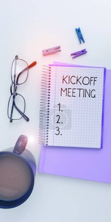 Photo for Hand writing sign Kickoff Meeting, Business overview Special discussion on the legalities involved in the project - Royalty Free Image