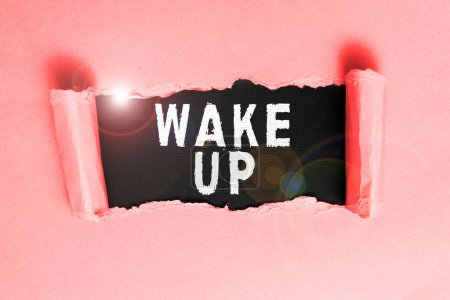 Foto de Text sign showing Wake Up, Word Written on an instance of a person waking up or being woken up Rise up - Imagen libre de derechos
