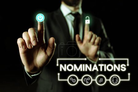 Photo for Inspiration showing sign Nominations, Conceptual photo the act of officially suggesting someone for a job or position - Royalty Free Image