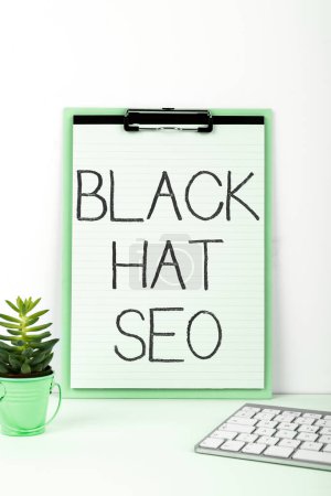 Téléchargez les photos : Text caption presenting Black Hat Seo, Internet Concept Search Engine Optimization using techniques to cheat browsers - en image libre de droit