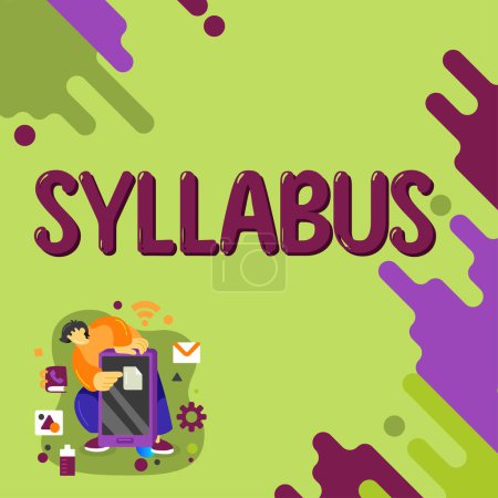 Foto de Sign displaying Syllabus, Business overview a summary outline of a discourse, treatise or of examination requirements - Imagen libre de derechos