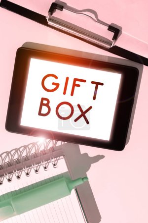 Photo for Text sign showing Gift Box, Business overview A small cointainer with designs capable of handling presents - Royalty Free Image