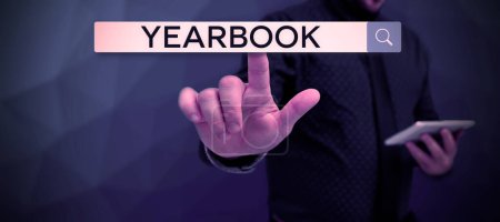 Photo for Hand writing sign Yearbook, Business concept publication compiled by graduating class as a record of the years activities - Royalty Free Image