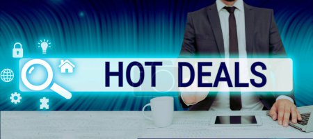 Photo for Text sign showing Hot Deals, Business idea An agreement through which one of the paties is offered and accept - Royalty Free Image
