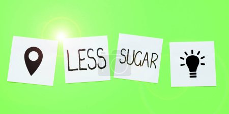 Téléchargez les photos : Affichage conceptuel Moins de sucre, Vitrine d'affaires Faible volume de douceur dans tous les aliments ou boissons que nous mangeons - en image libre de droit