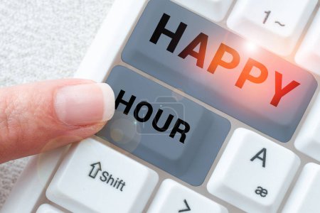 Téléchargez les photos : Writing displaying text Happy Hour, Word for Spending time for activities that makes you relax for a while - en image libre de droit