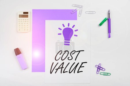 Photo for Writing displaying text Cost Value, Business concept The amount that usualy paid for a item you buy or hiring a person - Royalty Free Image