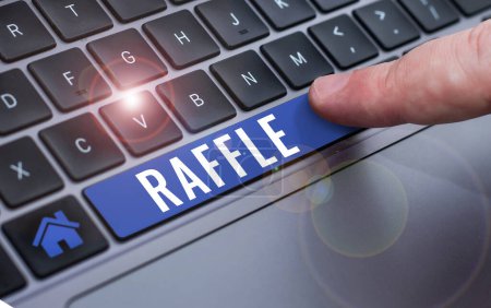 Photo for Text sign showing Raffle, Business approach means of raising money by selling numbered tickets offer as prize - Royalty Free Image