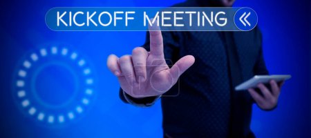 Photo for Inspiration showing sign Kickoff Meeting, Word for Special discussion on the legalities involved in the project - Royalty Free Image