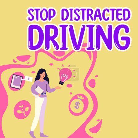 Téléchargez les photos : Signe texte montrant Stop Distrait Conduite, Concept Internet demandant d'être prudent derrière le volant lentement - en image libre de droit