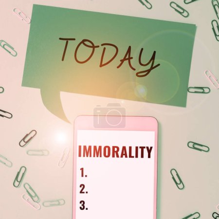 Photo for Handwriting text Immorality, Business showcase the state or quality of being immoral, wickedness - Royalty Free Image