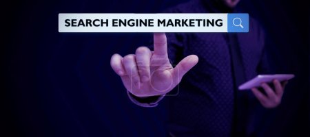 Légende conceptuelle Search Engine Marketing, Aperçu de l'entreprise promouvoir la visibilité du site Web sur les pages de résultats recherchées