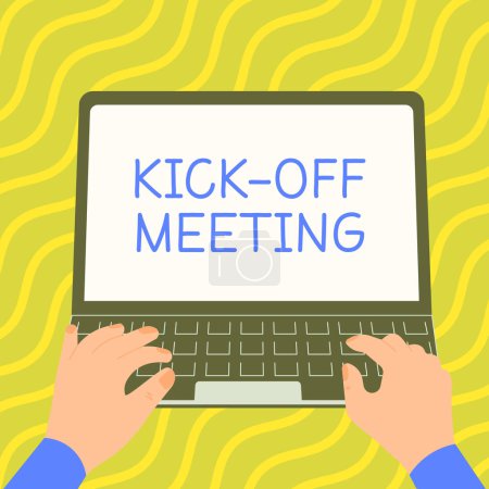 Téléchargez les photos : Rédaction du texte Kick Off Meeting, Business overview première rencontre avec l'équipe du projet et le client - en image libre de droit