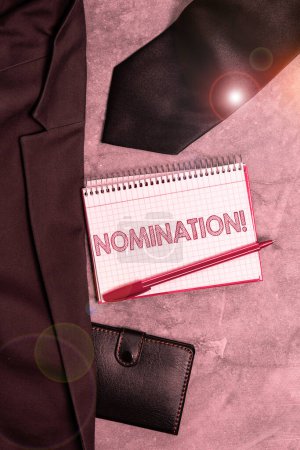 Téléchargez les photos : Hand writing sign Nomination, Conceptual photo Formally Choosing someone Official Candidate for an Award - en image libre de droit