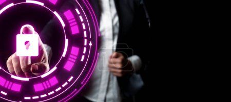 Lady In Suit Standing Pointing On virtual button. Futuristic Graphic.