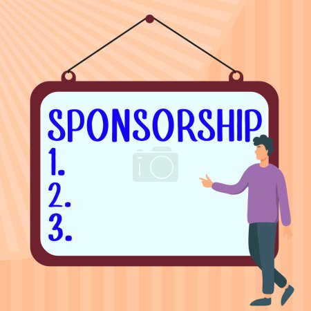 Photo for Text sign showing Sponsorship, Word Written on Position of being a sponsor Give financial support for activity - Royalty Free Image