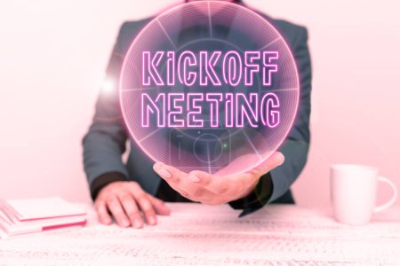 Photo for Writing displaying text Kickoff Meeting, Word Written on Special discussion on the legalities involved in the project - Royalty Free Image