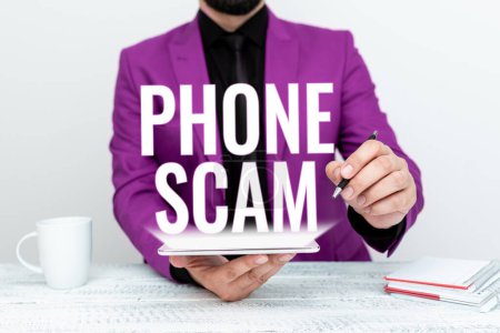 Photo for Sign displaying Phone Scam, Word Written on getting unwanted calls to promote products or service Telesales - Royalty Free Image