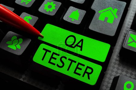 Téléchargez les photos : Texte inspirant Qa Tester, Business idea Assurance qualité d'un projet en cours avant sa mise en œuvre - en image libre de droit