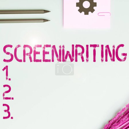 Photo for Hand writing sign Screenwriting, Business approach the art and craft of writing scripts for media communication - Royalty Free Image