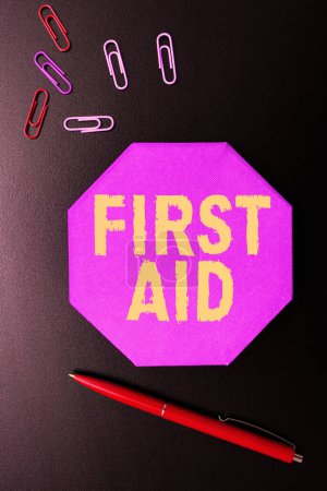 Photo for Handwriting text First Aid, Business idea Practise of healing small cuts that no need for medical training - Royalty Free Image