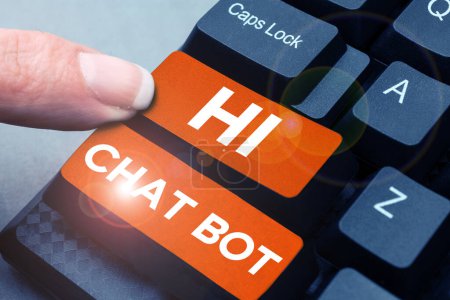 Foto de Texto conceptual Hi Chat Bot, Descripción general del negocio Saludo a la máquina robot que responde a un mensaje enviado - Imagen libre de derechos