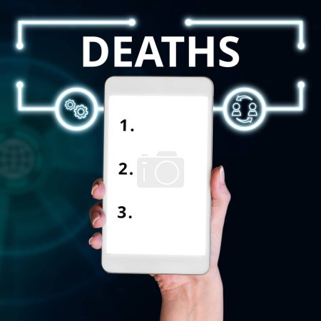 Photo for Text showing inspiration Deaths, Business showcase permanent cessation of all vital signs, instance of dying individual - Royalty Free Image